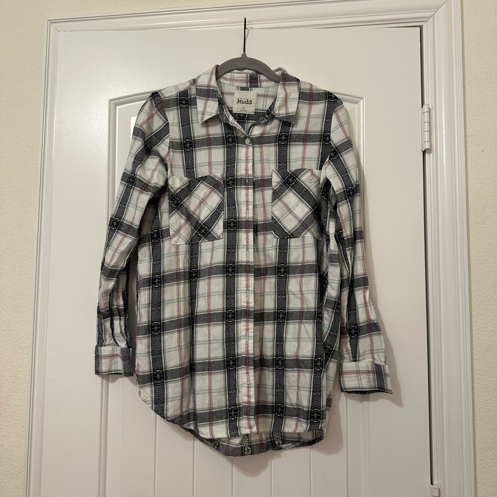 Mudd Kids Plaid Button Down Shirt - Black, White, Red